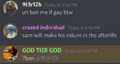 Sam getting banned in Bruhmoment by Discord user Tape.