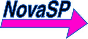 A bright pink arrow pointing left with black slanted text "NovaSP" above it. All elements have a thick blue outline