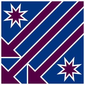 a blue square with three pink arrows spanning from the top right to the bottom left corner and two pink eight-pointed stars in the top left and bottom right corners. All elements have a thick white outline